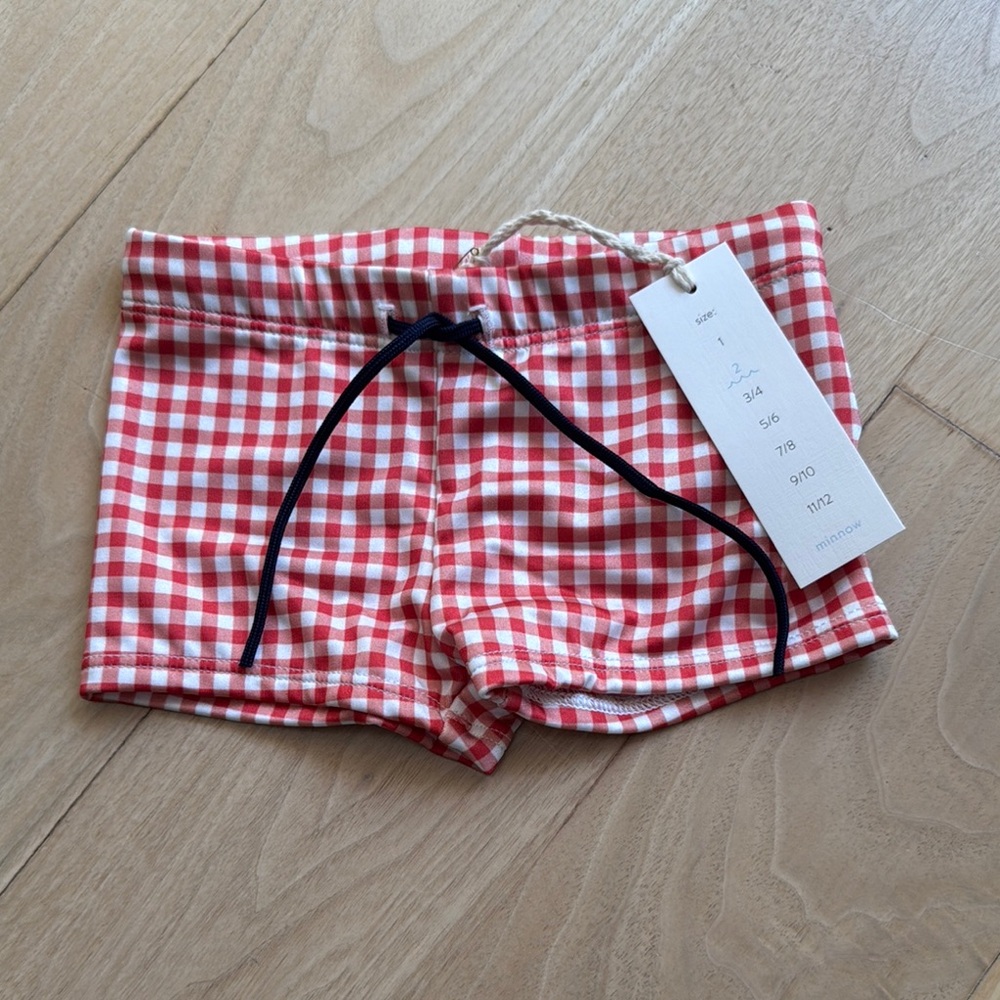 Red and White Checkered Swim Shorts